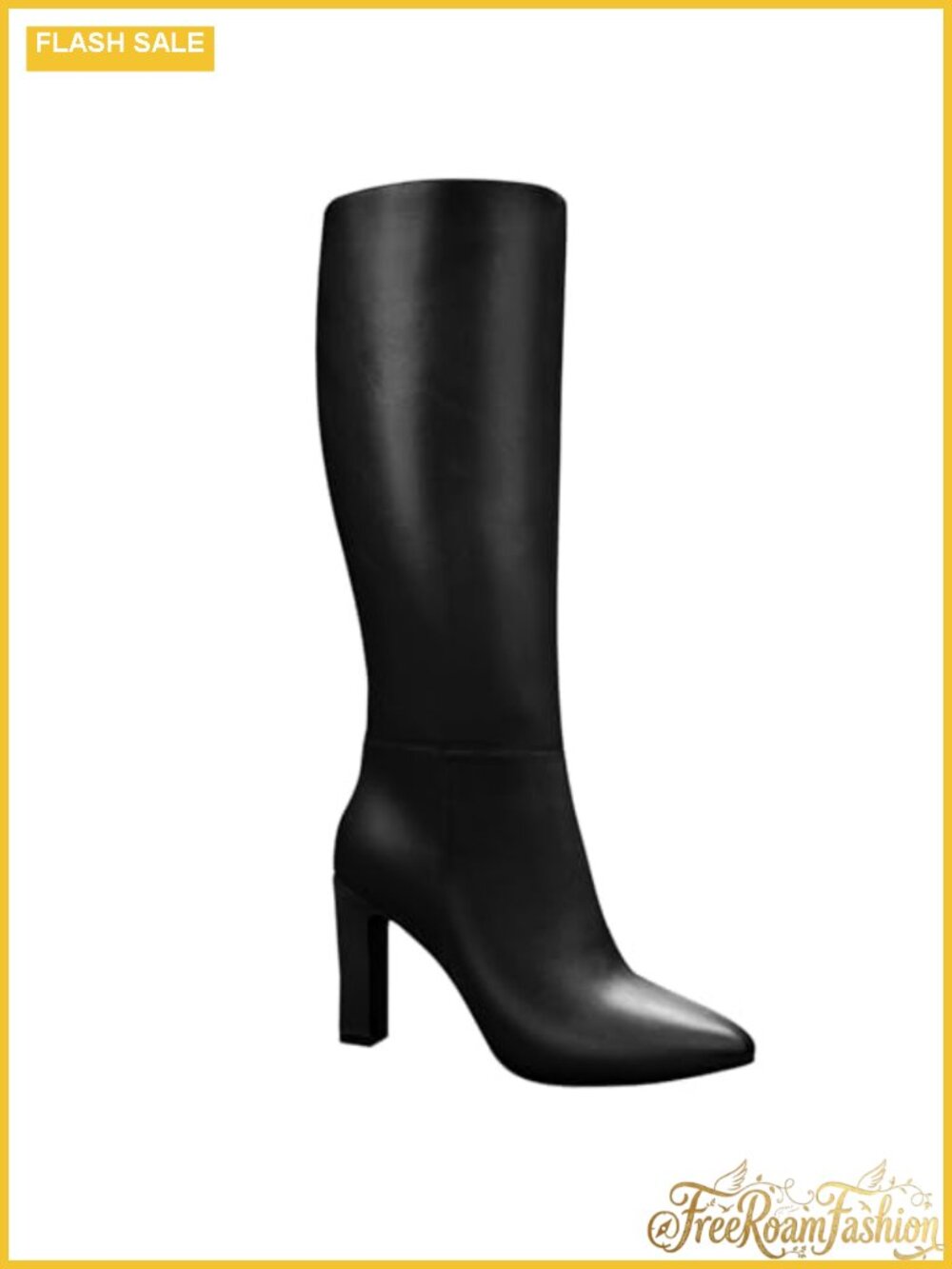 Knee High Boots Faux Leather Pointed Toe Chunky Heel Tall Boots
